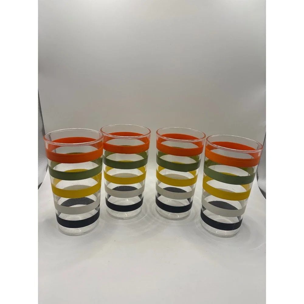 Vintage MCM Striped Juice Glasses Set of 4 Multi Color Retro Barware Tumblers